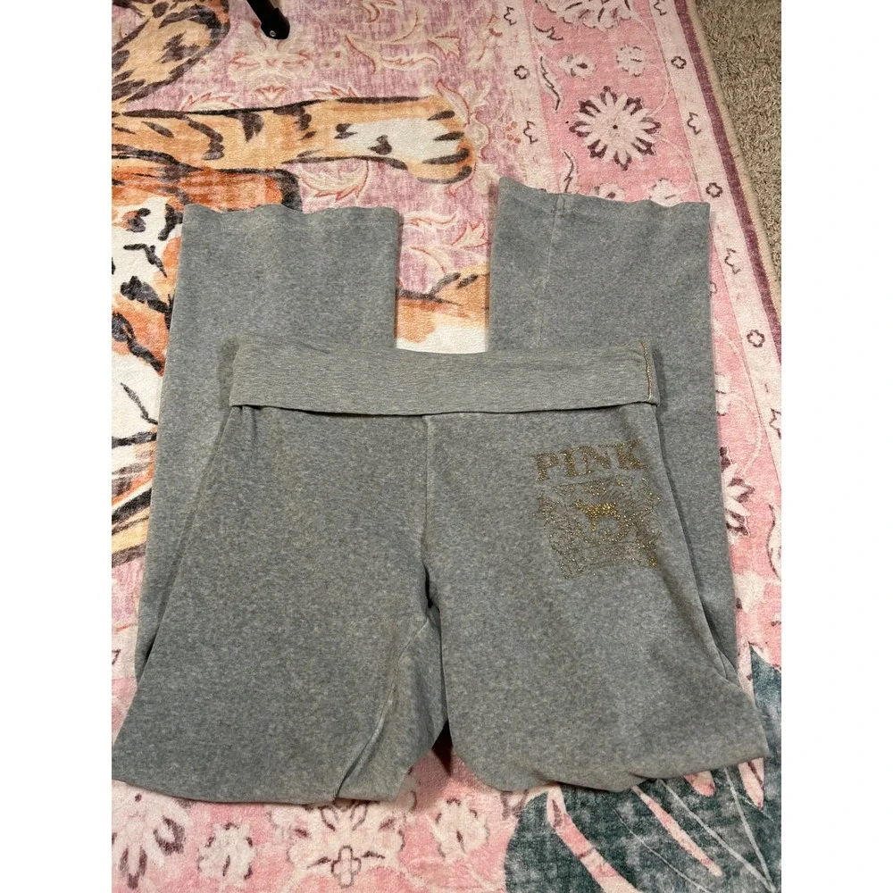 Y2K RARE‎ Victoria's Secret PINK Gray Foldover Waist Velour Pants Flare Leg XS - Picture 3 of 11
